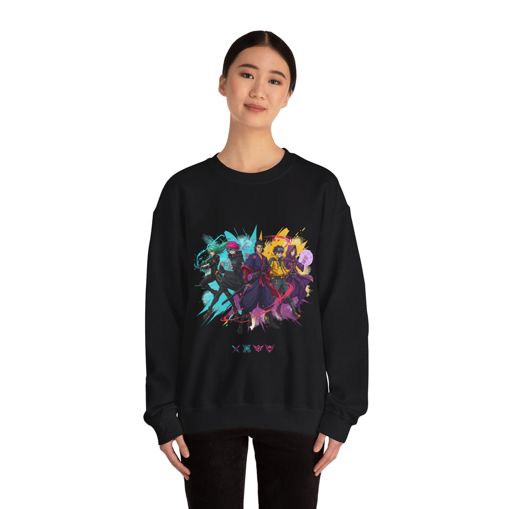 Crewneck Sweatshirt — Colorful Anime Squad Graphic