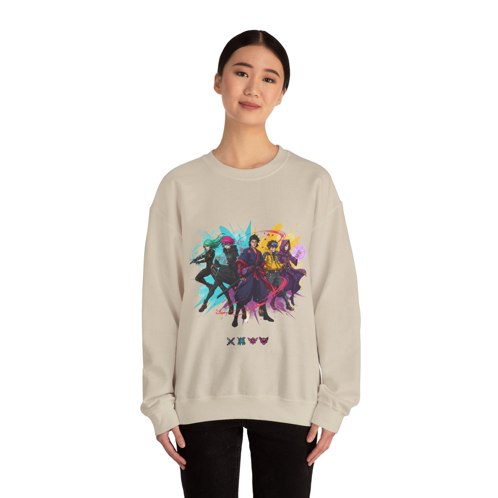 Crewneck Sweatshirt — Colorful Anime Squad Graphic