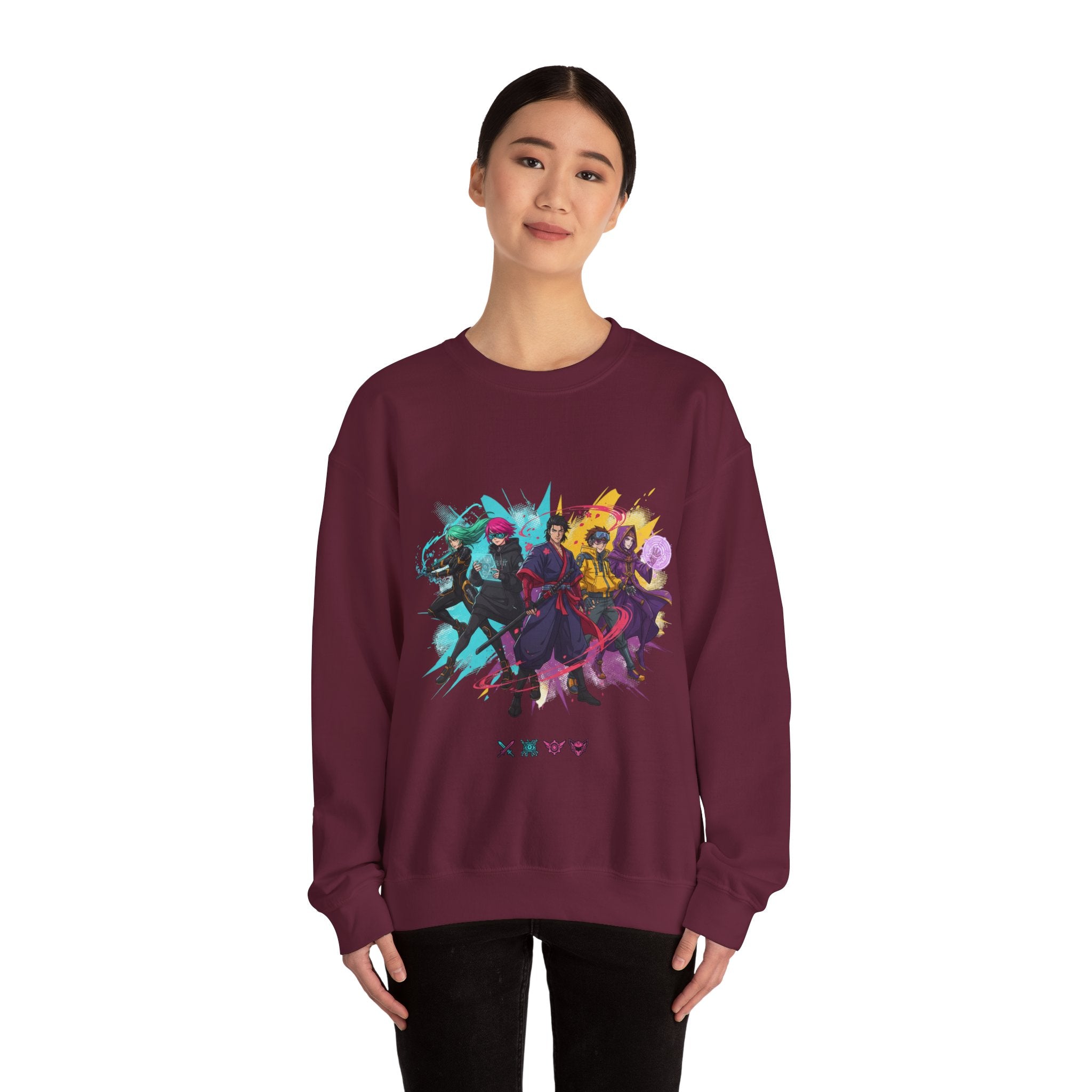 Crewneck Sweatshirt — Colorful Anime Squad Graphic