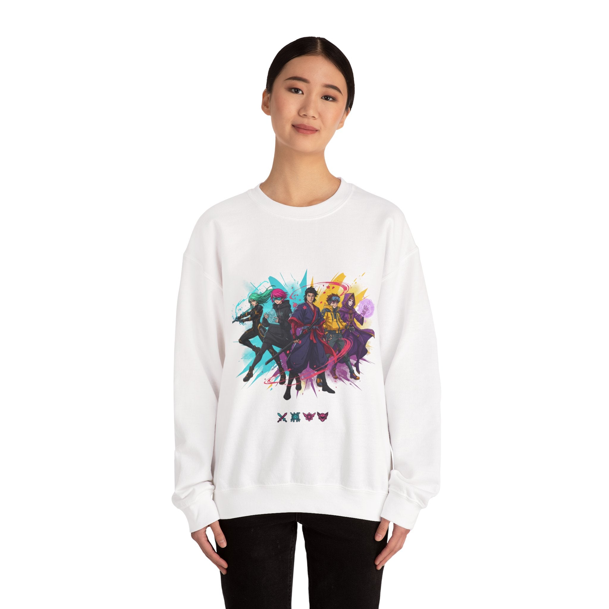 Crewneck Sweatshirt — Colorful Anime Squad Graphic