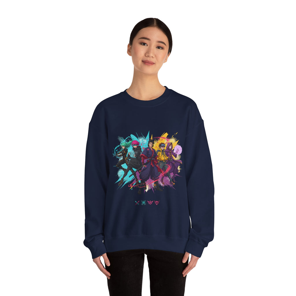 Crewneck Sweatshirt — Colorful Anime Squad Graphic