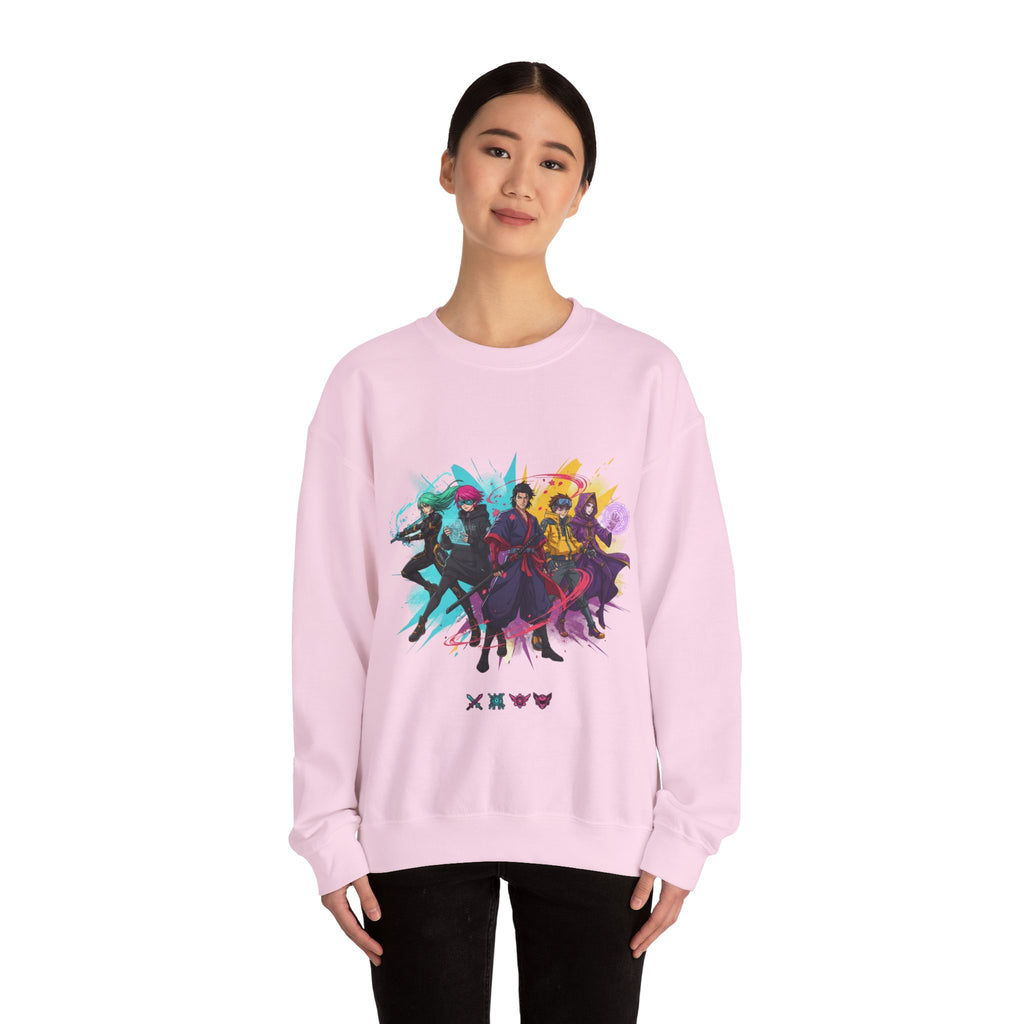 Crewneck Sweatshirt — Colorful Anime Squad Graphic
